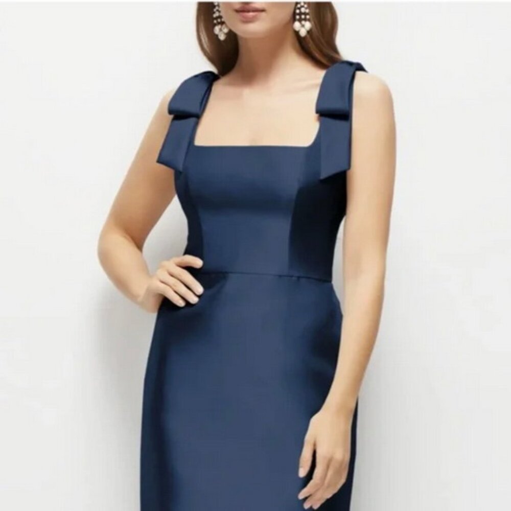 Alfred Sung Midnight Blue Bow Strap Satin Twill Trumpet Gown D868 - Picture 2 of 2